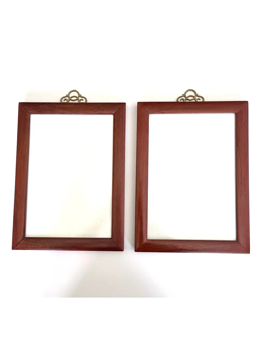 Set of 2 Vintage Chinese Hardwood Frames Brass Accent Wood Back Handcrafted